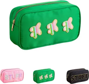 Nylon Preppy Girls Makeup Bag - Stylish & Durable Cosmetic Organizer with 3 Colorful Airplane Embroideried, Travel Toiletry Pouch Gift for Teen Girls Women (Green)