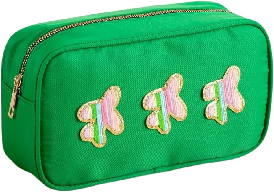 Nylon Preppy Girls Makeup Bag - Stylish & Durable Cosmetic Organizer with 3 Colorful Airplane Embroideried, Travel Toiletry Pouch Gift for Teen Girls Women (Green)
