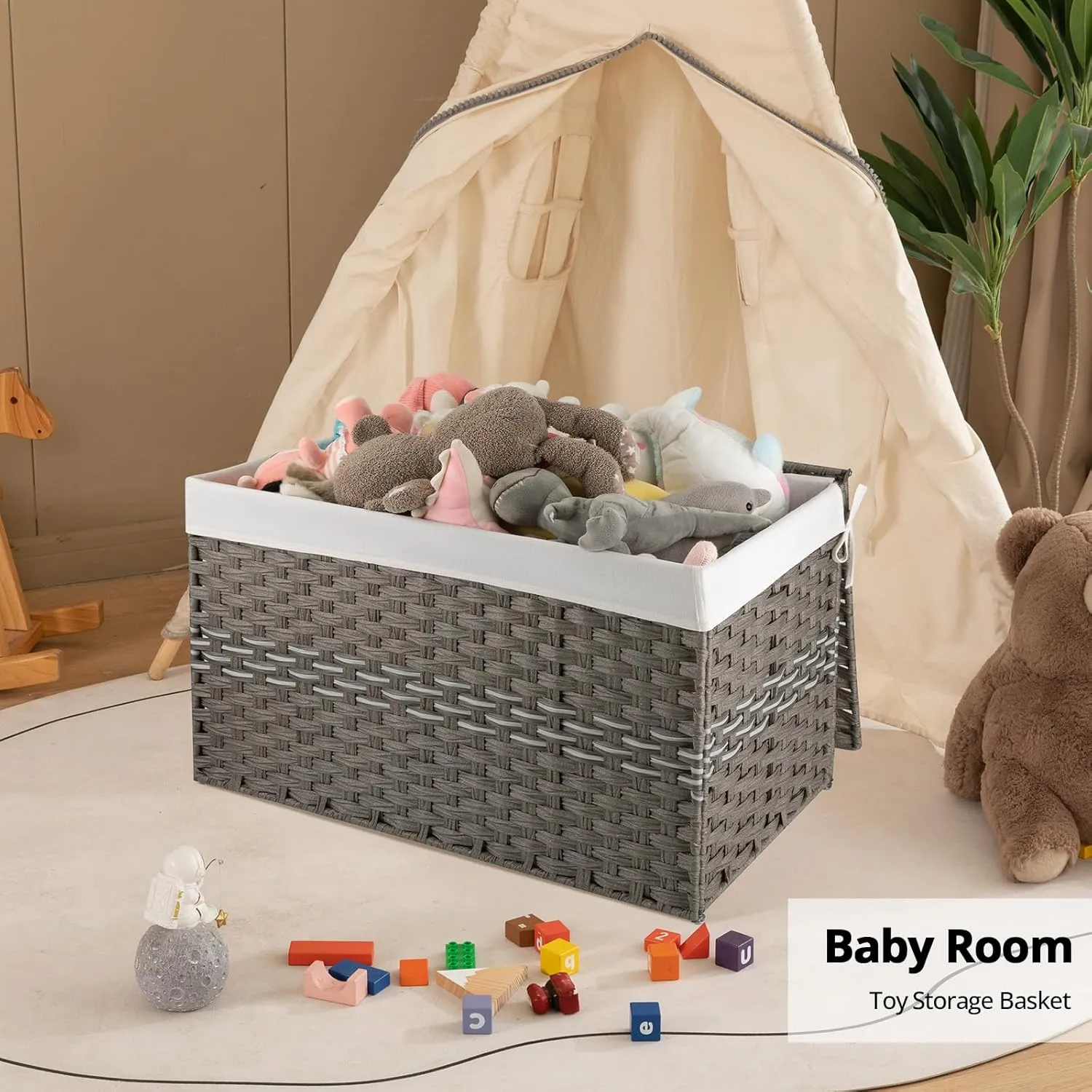OIAHOMY Large Storage Basket with Lid, 42.3 Gallon (160L) Blanket Basket with Removable Liner Bag, Wicker Hamper with Handle, Foldable, Hamper for Bedroom, Grey