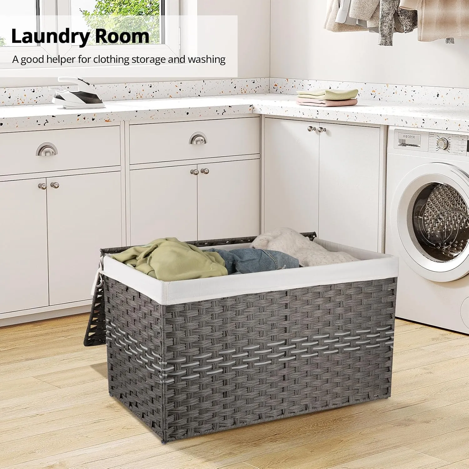 OIAHOMY Large Storage Basket with Lid, 42.3 Gallon (160L) Blanket Basket with Removable Liner Bag, Wicker Hamper with Handle, Foldable, Hamper for Bedroom, Grey