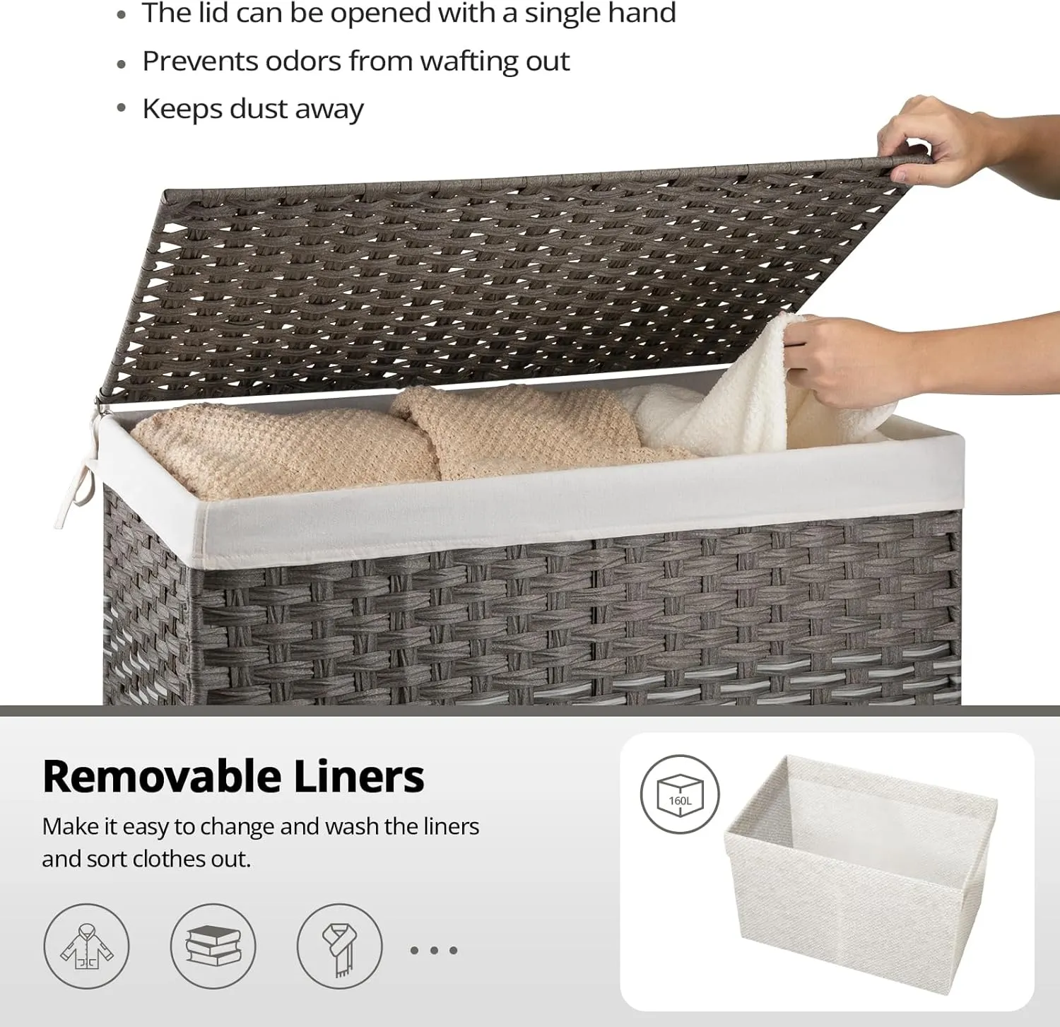 OIAHOMY Large Storage Basket with Lid, 42.3 Gallon (160L) Blanket Basket with Removable Liner Bag, Wicker Hamper with Handle, Foldable, Hamper for Bedroom, Grey