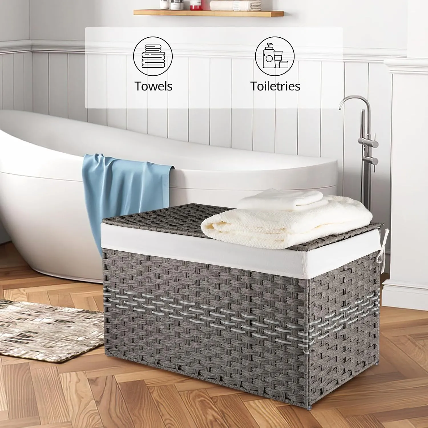 OIAHOMY Large Storage Basket with Lid, 42.3 Gallon (160L) Blanket Basket with Removable Liner Bag, Wicker Hamper with Handle, Foldable, Hamper for Bedroom, Grey