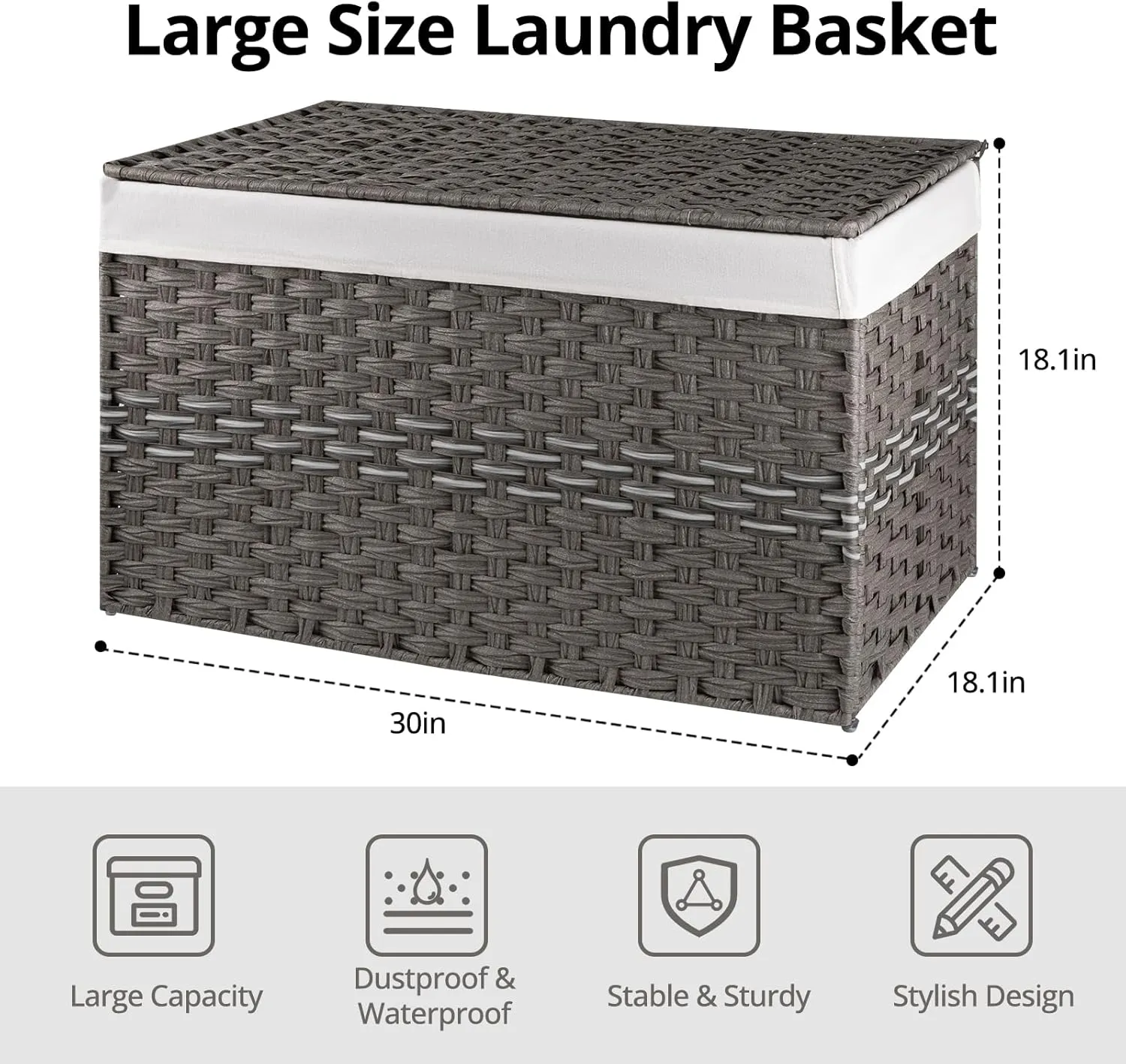 OIAHOMY Large Storage Basket with Lid, 42.3 Gallon (160L) Blanket Basket with Removable Liner Bag, Wicker Hamper with Handle, Foldable, Hamper for Bedroom, Grey
