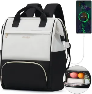 OIWAS Lunch Backpack for Women and Men, 15.6 inch Laptop Backpack with Insulated Compartment, Work Backpack with USB Port, Lunch Bag Suitable for Travel Work Picnics Hiking, Black/Beige