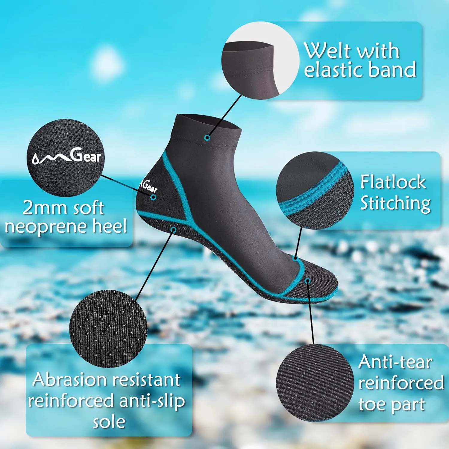 OMGear Aqua 2 Pack Unisex Nylon Spandex Neoprene Modern Style Water Socks for Beach Volleyball, Sand Soccer