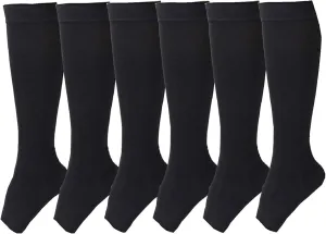Open Toe Toeless Compression Socks 6 Pairs for Women Men 15-20 mmHg Calf Support Compression Sleeve (S/M, Black)