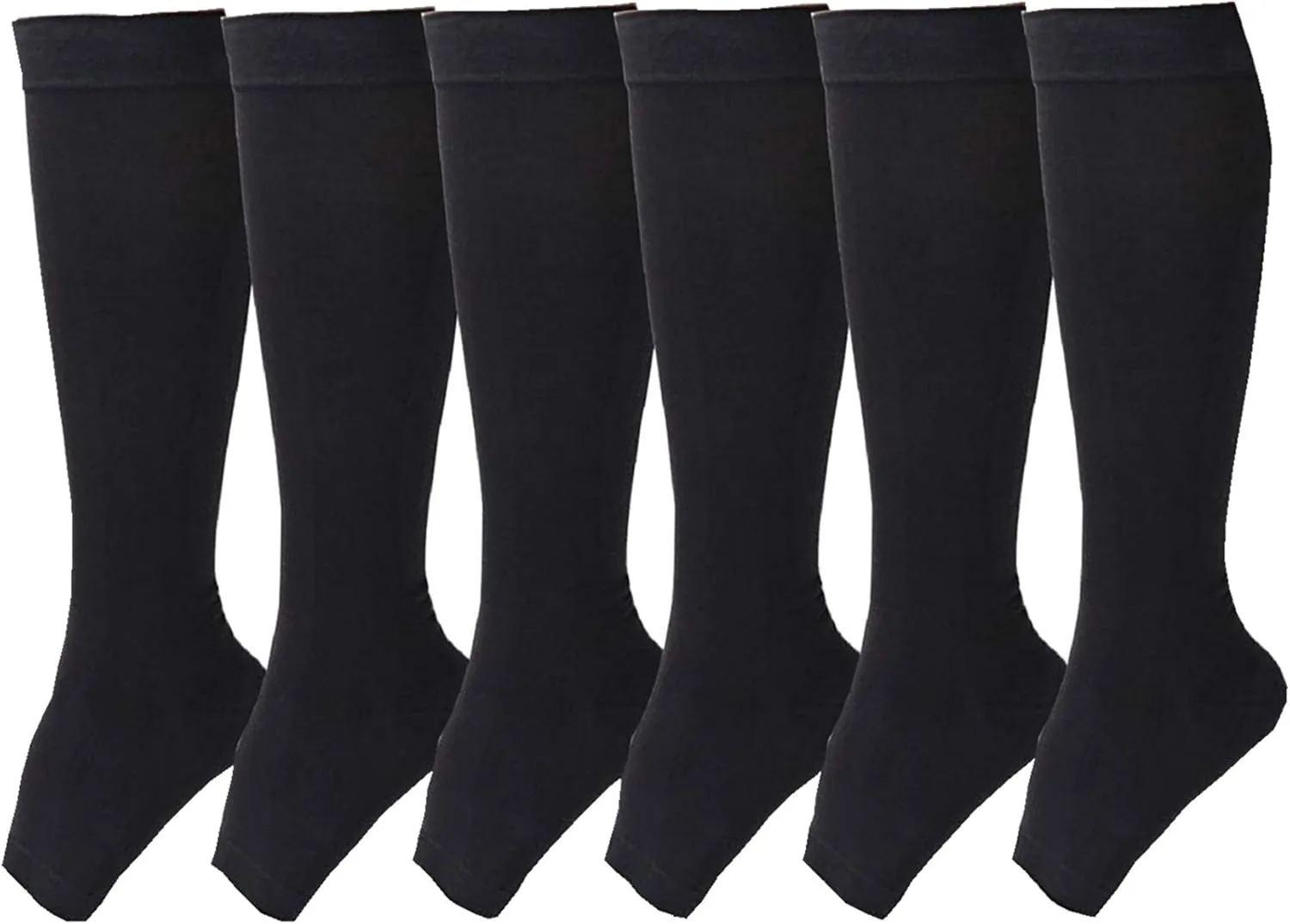 Open Toe Toeless Compression Socks 6 Pairs for Women Men 15-20 mmHg Calf Support Compression Sleeve (S/M, Black)