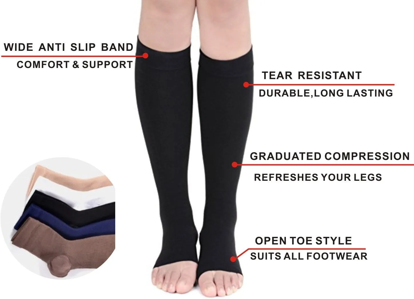 Open Toe Toeless Compression Socks 6 Pairs for Women Men 15-20 mmHg Calf Support Compression Sleeve (S/M, Black)