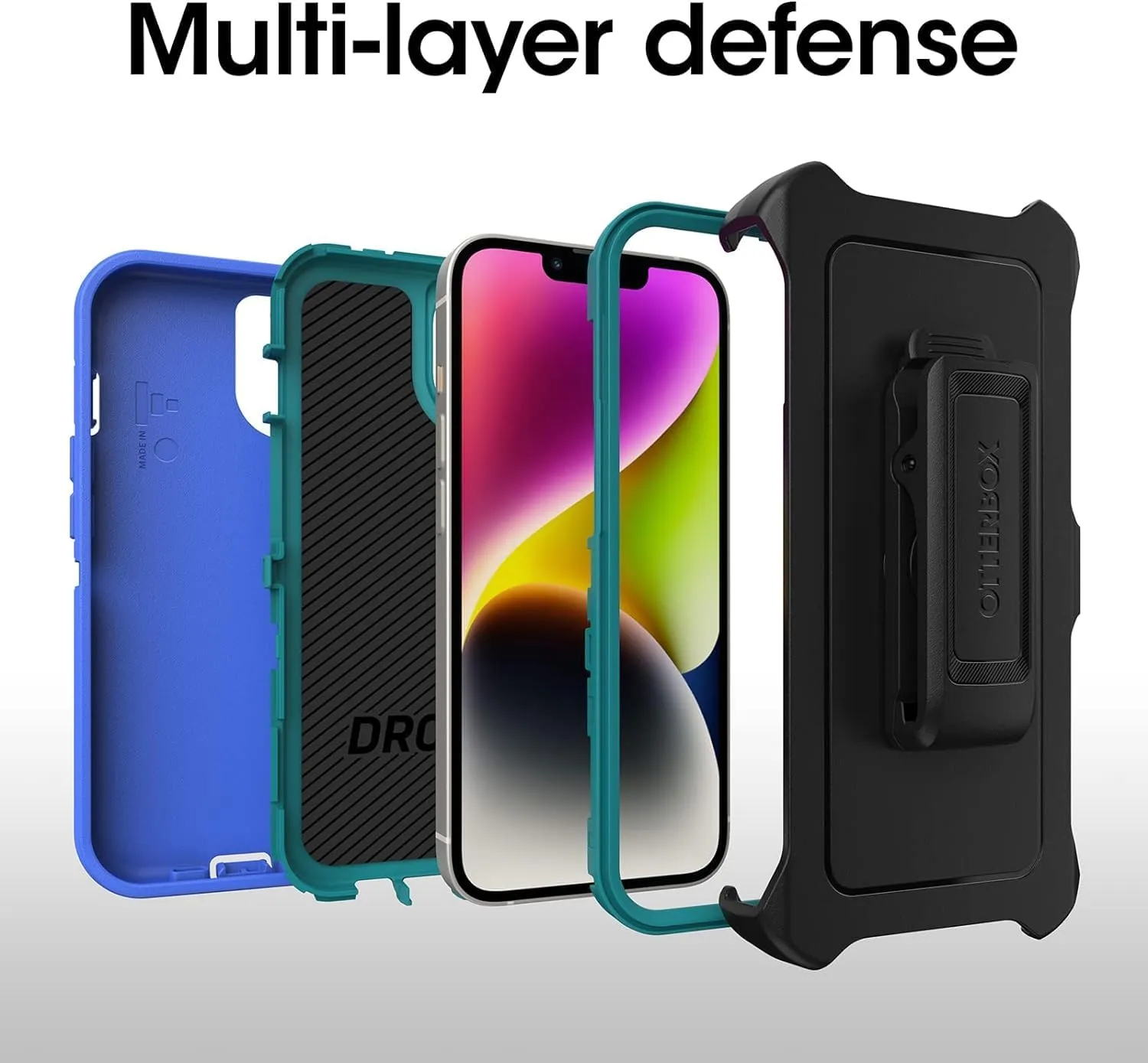 OtterBox iPhone 14 & iPhone 13 (Only) - Defender Series Case - Rain Check - Rugged & Durable - with Port Protection - Holster Clip Included - Non-Retail Packaging