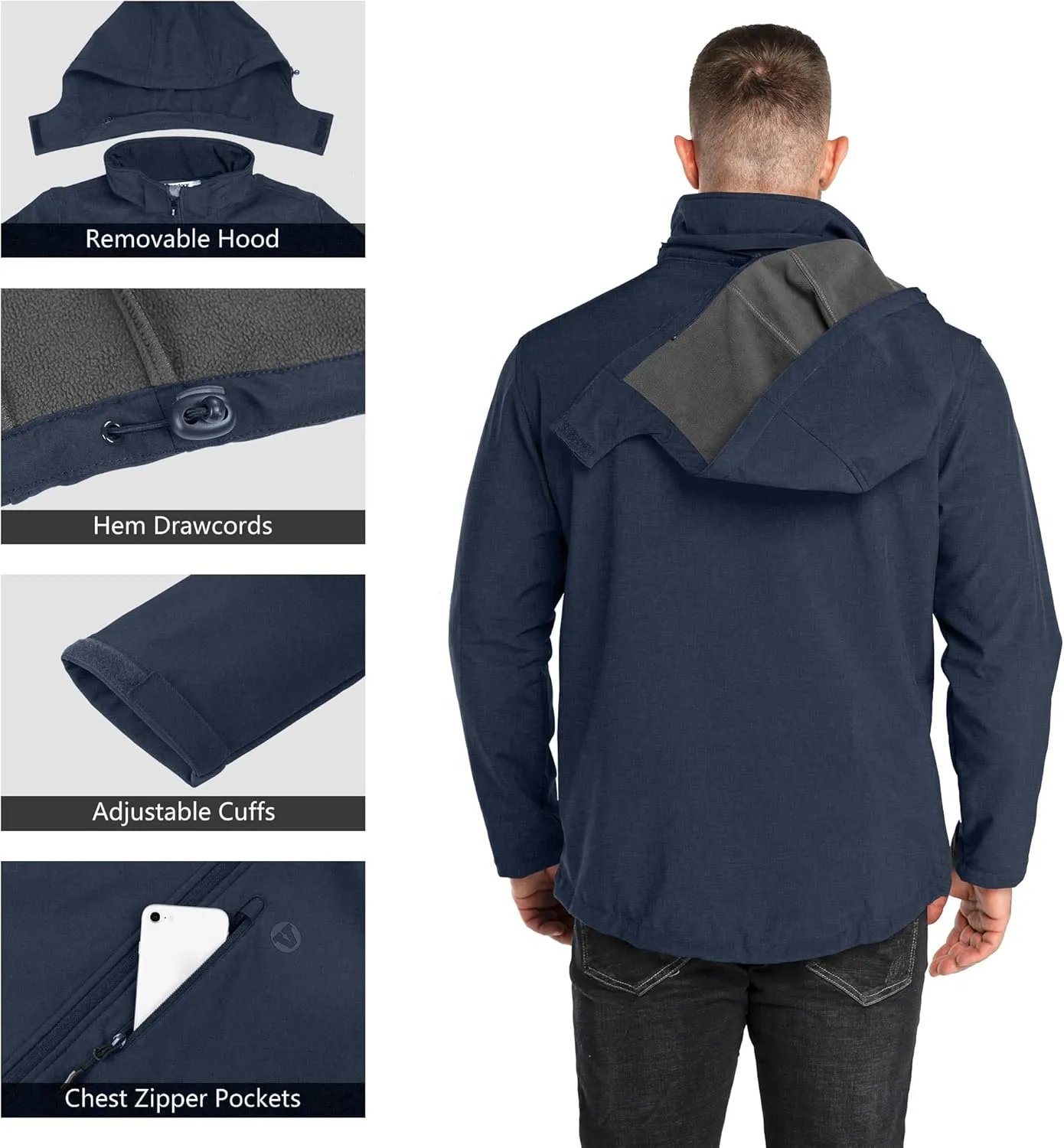 Outdoor Ventures Men's Lightweight Softshell Jacket Fleece Lined Hooded Water Resistant Winter Hiking Windbreaker Jackets