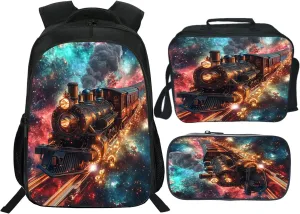 Outer Space Train Backpack Galaxy Steam Engine Kids Schoolbag with Lunch Box Bag Pencil Bag 3pcs Bookbag Sets for Boys Girls