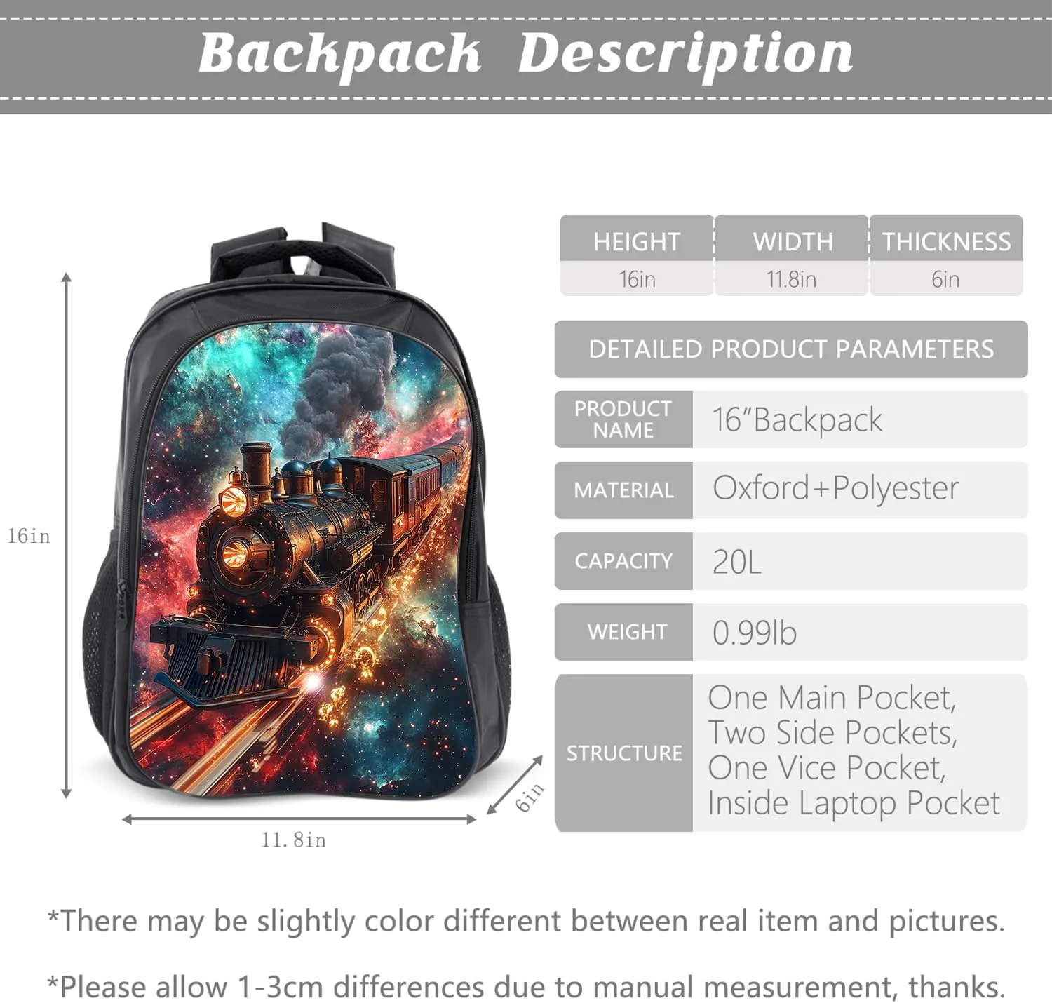 Outer Space Train Backpack Galaxy Steam Engine Kids Schoolbag with Lunch Box Bag Pencil Bag 3pcs Bookbag Sets for Boys Girls