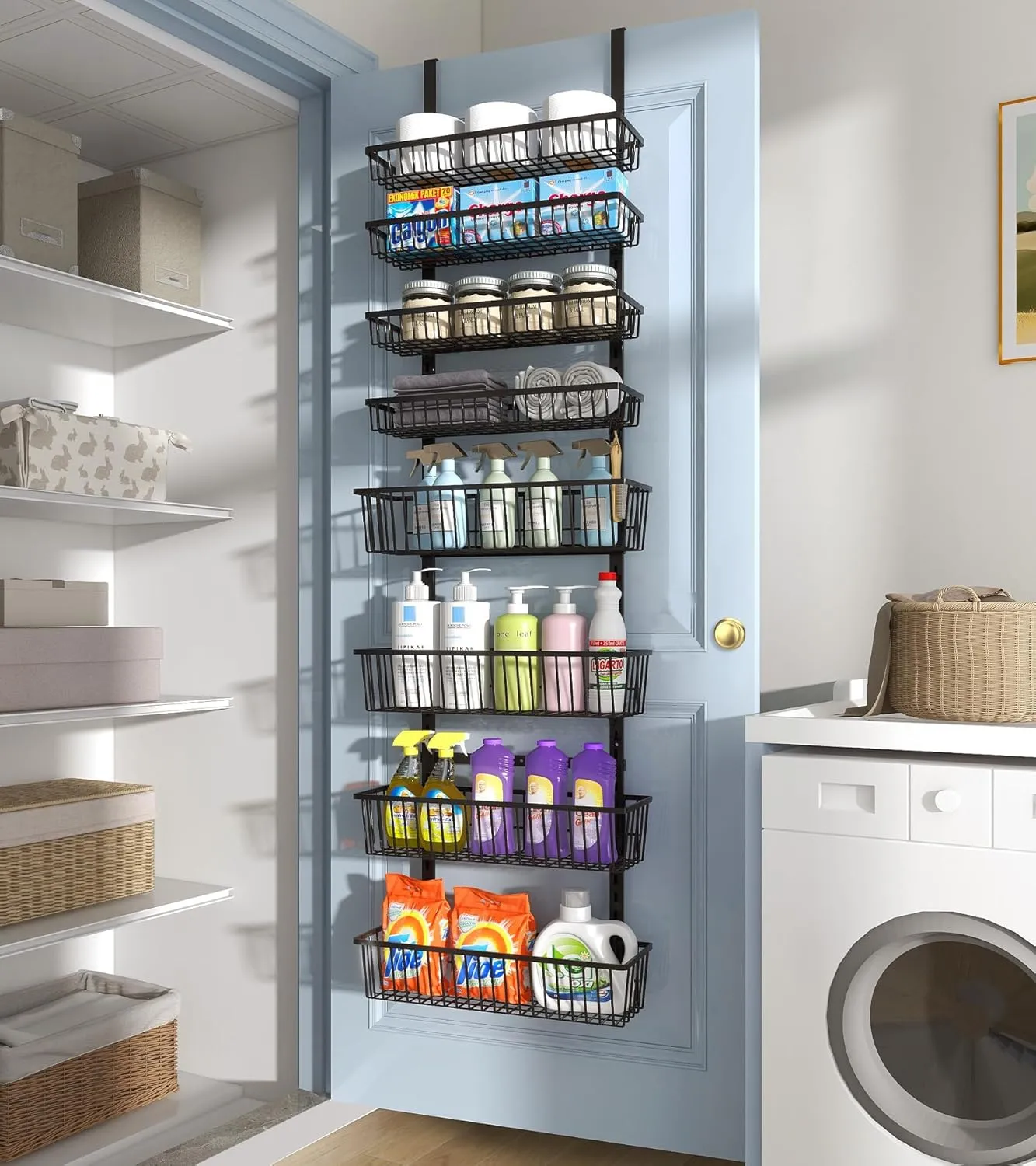 Over The Door Pantry Organizer, Pantry Organization and Storage, 8-Tier Deep Baskets Hanging Heavy-Duty Metal, Wall Spice Rack Seasoning Shelves for Home & Kitchen, Laundry Room Bathroom, Black