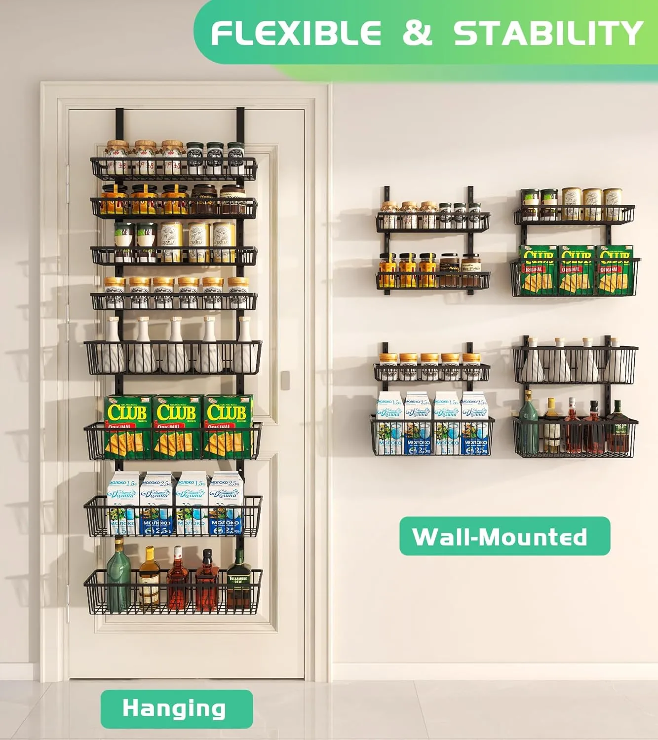 Over The Door Pantry Organizer, Pantry Organization and Storage, 8-Tier Deep Baskets Hanging Heavy-Duty Metal, Wall Spice Rack Seasoning Shelves for Home & Kitchen, Laundry Room Bathroom, Black
