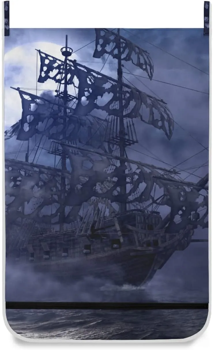 Oyihfvs Blue Sailing Pirate Ghost Ship on High Seas in a Moonlight Night Hanging Laundry Hamper Bag, Dirty Clothes Basket Bag with Hooks Bag Space Saving, for Bathroom, Bedroom, Storage, Behind Doors