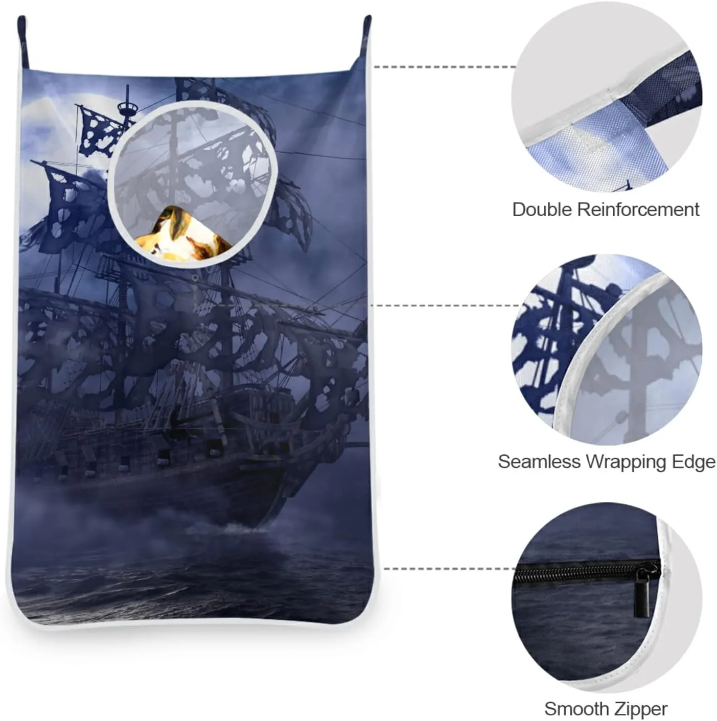 Oyihfvs Blue Sailing Pirate Ghost Ship on High Seas in a Moonlight Night Hanging Laundry Hamper Bag, Dirty Clothes Basket Bag with Hooks Bag Space Saving, for Bathroom, Bedroom, Storage, Behind Doors