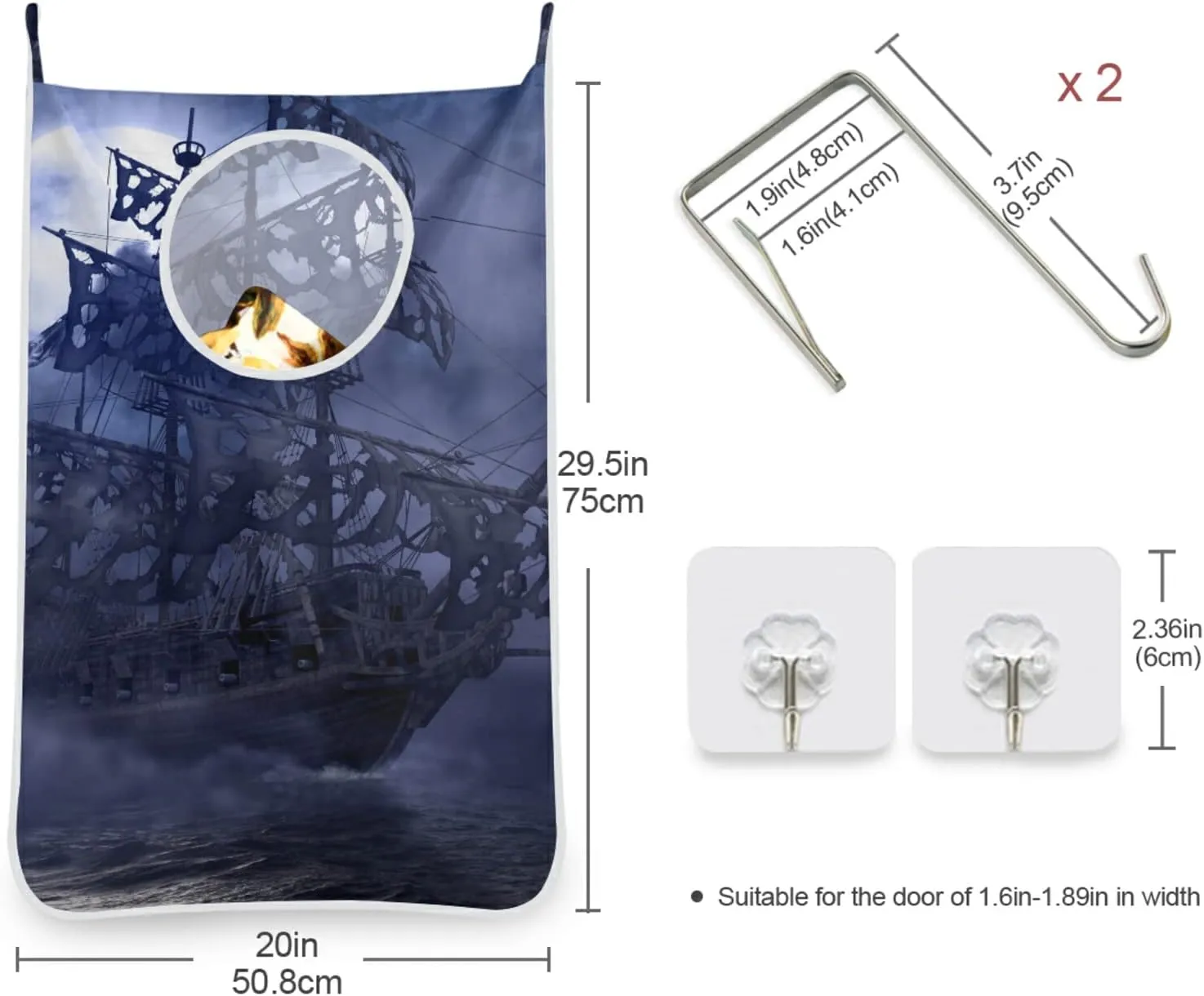 Oyihfvs Blue Sailing Pirate Ghost Ship on High Seas in a Moonlight Night Hanging Laundry Hamper Bag, Dirty Clothes Basket Bag with Hooks Bag Space Saving, for Bathroom, Bedroom, Storage, Behind Doors