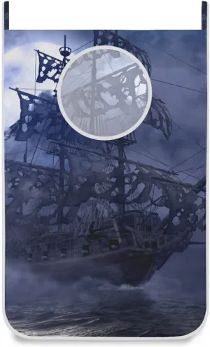 Oyihfvs Blue Sailing Pirate Ghost Ship on High Seas in a Moonlight Night Hanging Laundry Hamper Bag, Dirty Clothes Basket Bag with Hooks Bag Space Saving, for Bathroom, Bedroom, Storage, Behind Doors