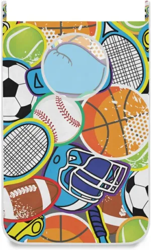 Oyihfvs Colorful Baseball Football Golf Gloves Tennis Racket Balls Hanging Laundry Hamper Bag, Dirty Clothes Basket Bag with Hooks Bag Space Saving, for Bathroom, Bedroom, Storage, Behind Doors