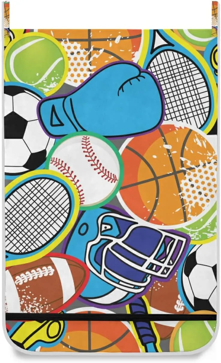 Oyihfvs Colorful Baseball Football Golf Gloves Tennis Racket Balls Hanging Laundry Hamper Bag, Dirty Clothes Basket Bag with Hooks Bag Space Saving, for Bathroom, Bedroom, Storage, Behind Doors