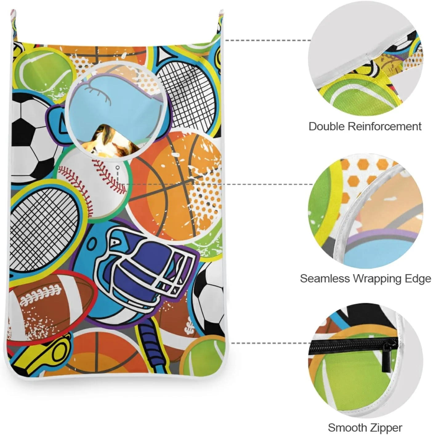 Oyihfvs Colorful Baseball Football Golf Gloves Tennis Racket Balls Hanging Laundry Hamper Bag, Dirty Clothes Basket Bag with Hooks Bag Space Saving, for Bathroom, Bedroom, Storage, Behind Doors
