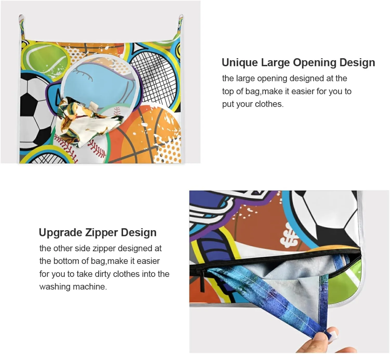 Oyihfvs Colorful Baseball Football Golf Gloves Tennis Racket Balls Hanging Laundry Hamper Bag, Dirty Clothes Basket Bag with Hooks Bag Space Saving, for Bathroom, Bedroom, Storage, Behind Doors