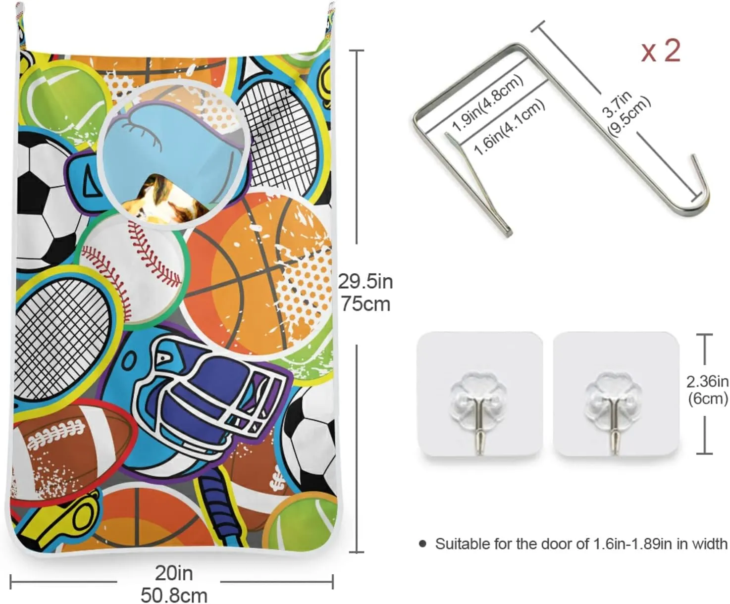 Oyihfvs Colorful Baseball Football Golf Gloves Tennis Racket Balls Hanging Laundry Hamper Bag, Dirty Clothes Basket Bag with Hooks Bag Space Saving, for Bathroom, Bedroom, Storage, Behind Doors