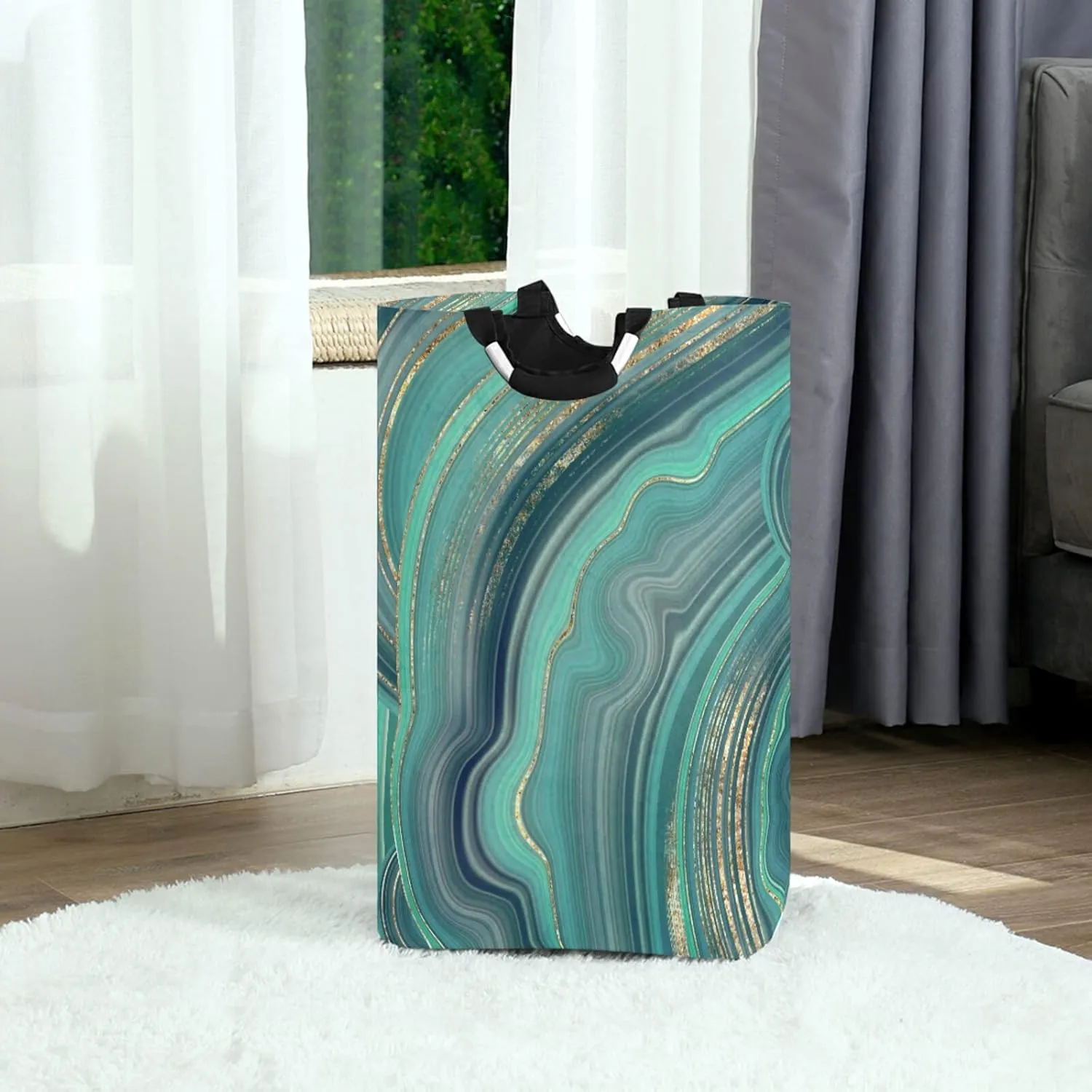 Oyihfvs Marble Agate with Green and Gold Veins Powder Marbling Surface Laundry Hamper Basket Bucket, Foldable Dirty Clothes Bag, Waterproof Fabric Washing Bin, Toy Storage with Handles for Bathroom