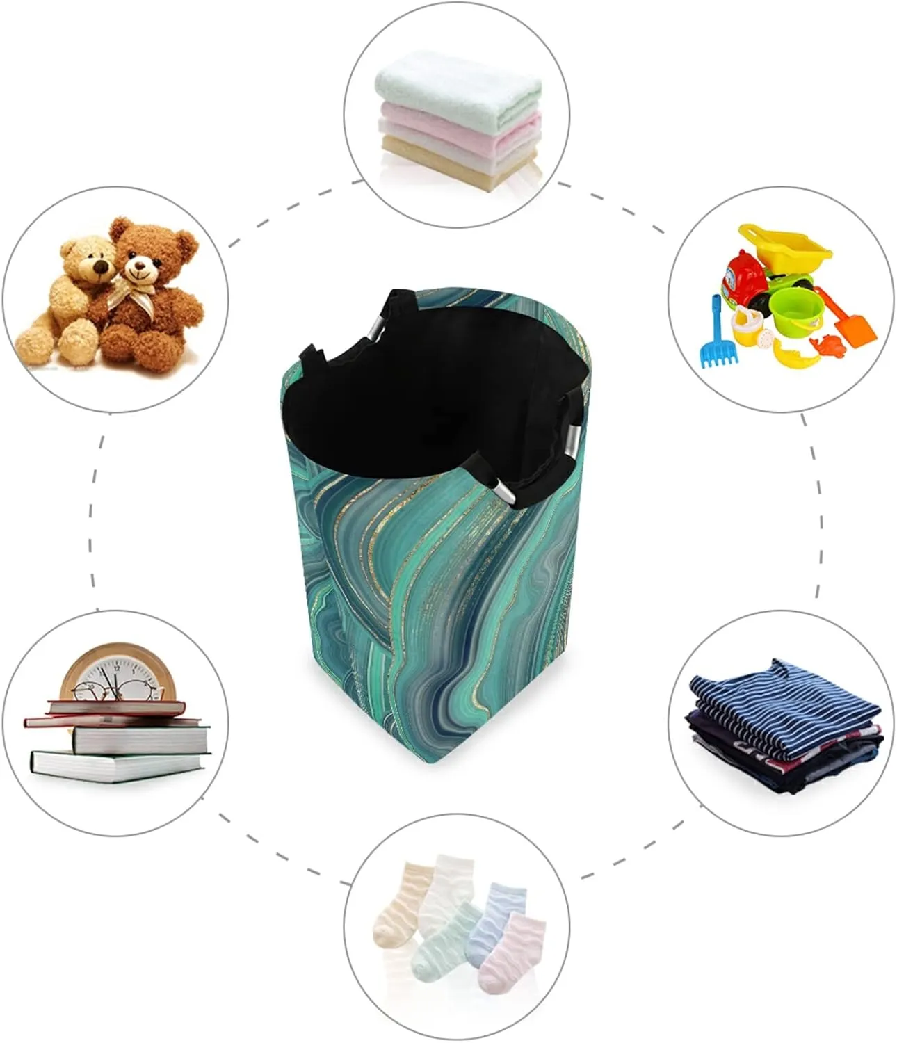 Oyihfvs Marble Agate with Green and Gold Veins Powder Marbling Surface Laundry Hamper Basket Bucket, Foldable Dirty Clothes Bag, Waterproof Fabric Washing Bin, Toy Storage with Handles for Bathroom