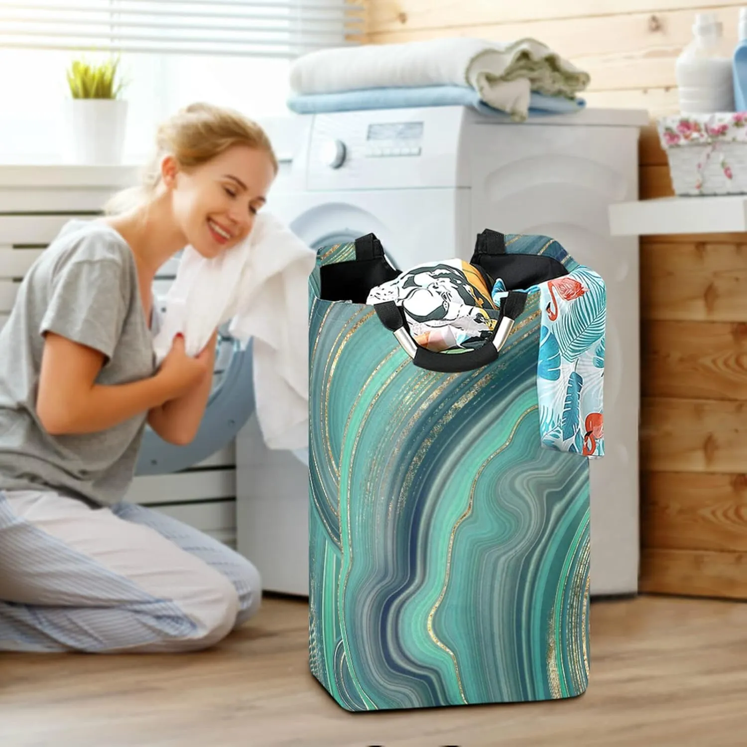 Oyihfvs Marble Agate with Green and Gold Veins Powder Marbling Surface Laundry Hamper Basket Bucket, Foldable Dirty Clothes Bag, Waterproof Fabric Washing Bin, Toy Storage with Handles for Bathroom