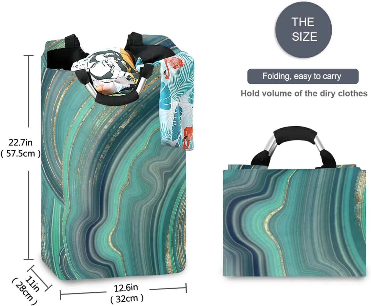 Oyihfvs Marble Agate with Green and Gold Veins Powder Marbling Surface Laundry Hamper Basket Bucket, Foldable Dirty Clothes Bag, Waterproof Fabric Washing Bin, Toy Storage with Handles for Bathroom