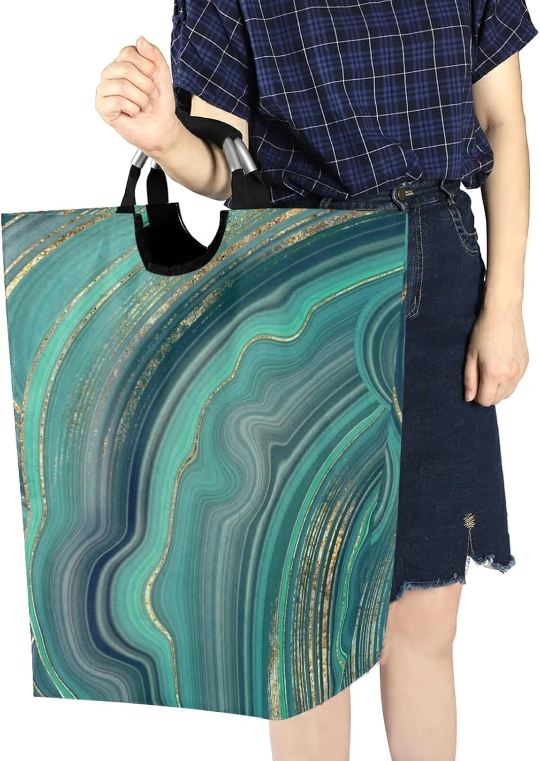 Oyihfvs Marble Agate with Green and Gold Veins Powder Marbling Surface Laundry Hamper Basket Bucket, Foldable Dirty Clothes Bag, Waterproof Fabric Washing Bin, Toy Storage with Handles for Bathroom