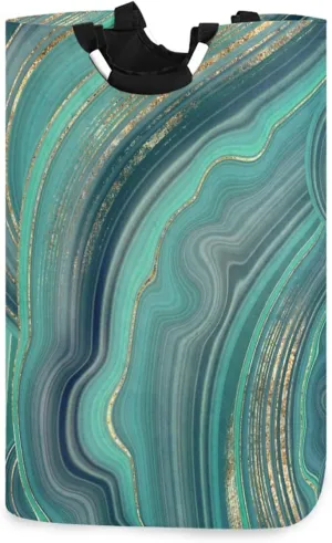 Oyihfvs Marble Agate with Green and Gold Veins Powder Marbling Surface Laundry Hamper Basket Bucket, Foldable Dirty Clothes Bag, Waterproof Fabric Washing Bin, Toy Storage with Handles for Bathroom