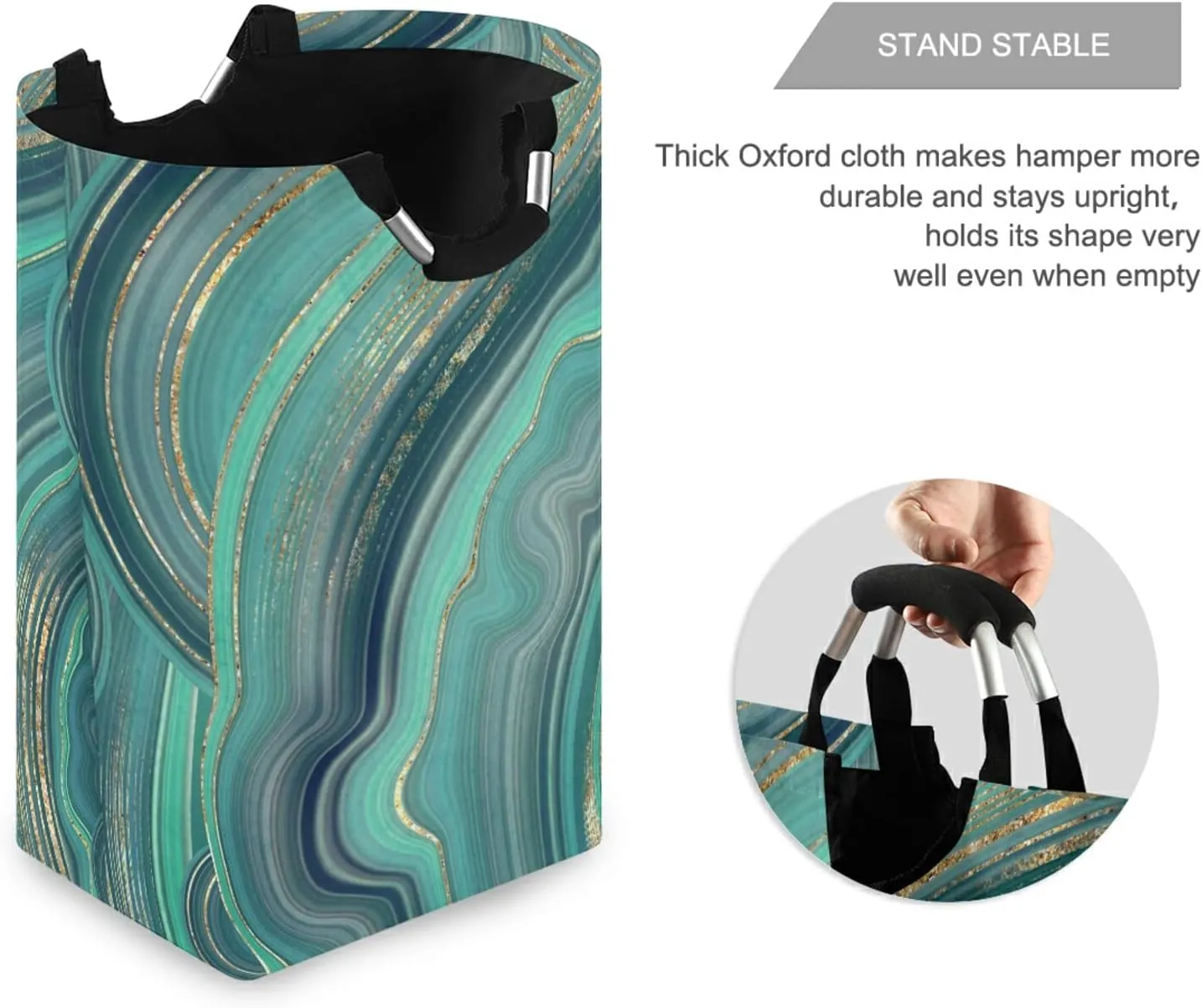 Oyihfvs Marble Agate with Green and Gold Veins Powder Marbling Surface Laundry Hamper Basket Bucket, Foldable Dirty Clothes Bag, Waterproof Fabric Washing Bin, Toy Storage with Handles for Bathroom