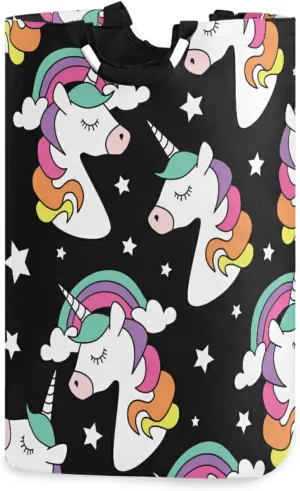 Oyihfvs Seamless Colorful Unicorns with Horns White Stars on Black Laundry Hamper Basket Bucket, Foldable Dirty Clothes Bag, Waterproof Fabric Washing Bin, Toy Storage with Handles for Bathroom