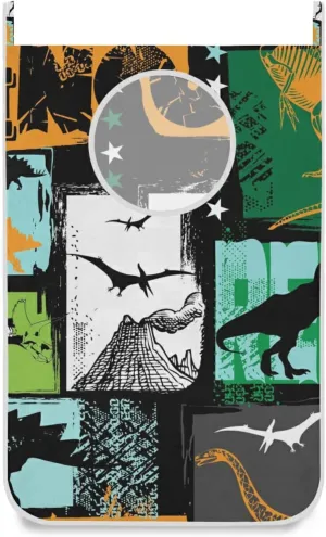 Oyihfvs Seamless Dinosaurs Green White Black Yellow Turquoise Patchwork Hanging Laundry Hamper Bag, Dirty Clothes Basket Bag with Hooks Bag Space Saving, for Bathroom, Bedroom, Storage, Behind Doors