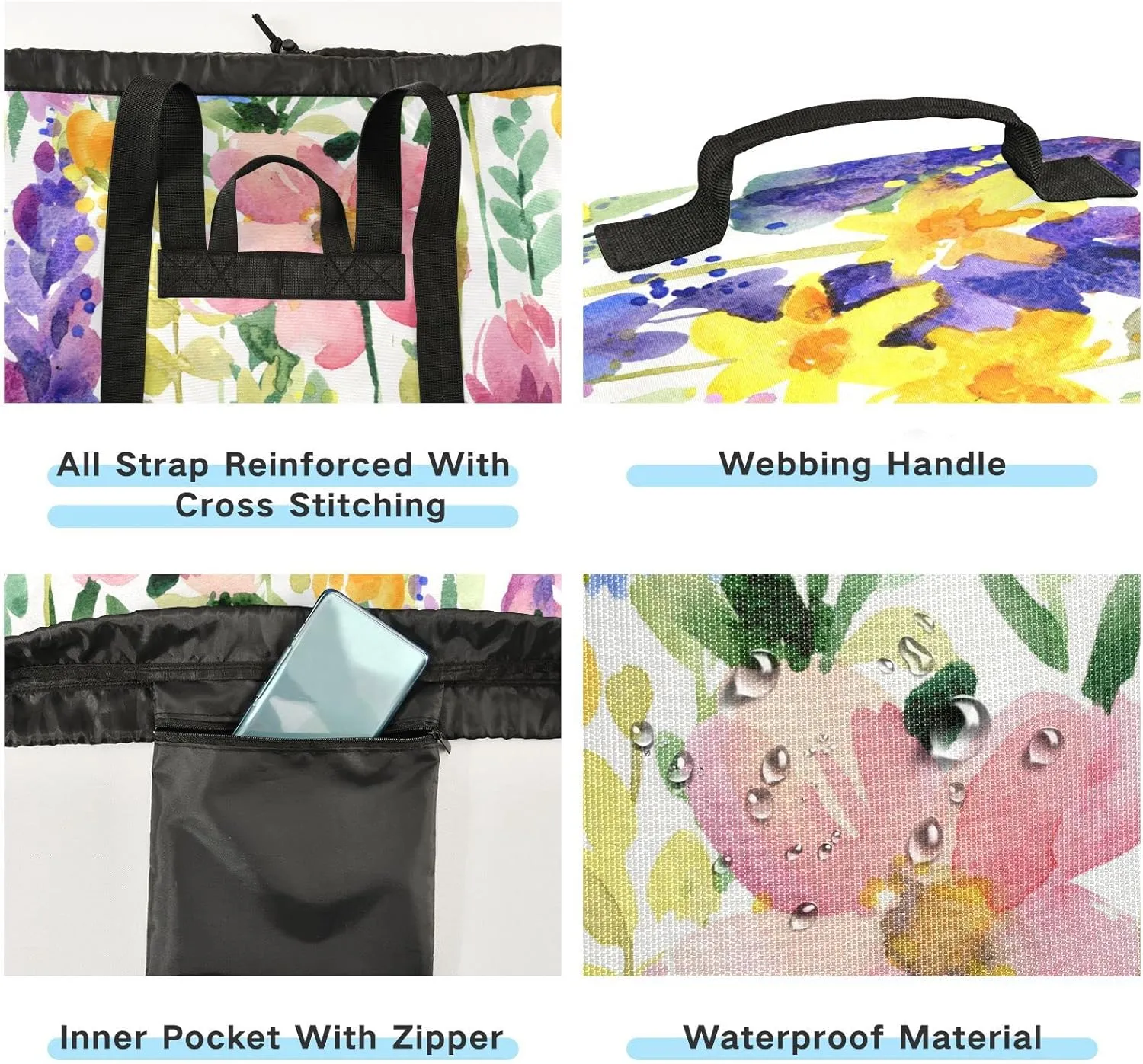 Oyihfvs Seamless Purple Yellow Pink Watercolor Flowers Summer Field Backpack Laundry Bag, Laundry Backpack with Shoulder Straps, Waterproof Nylon Clothes Hamper Bag for Men Women Yoga Backpack