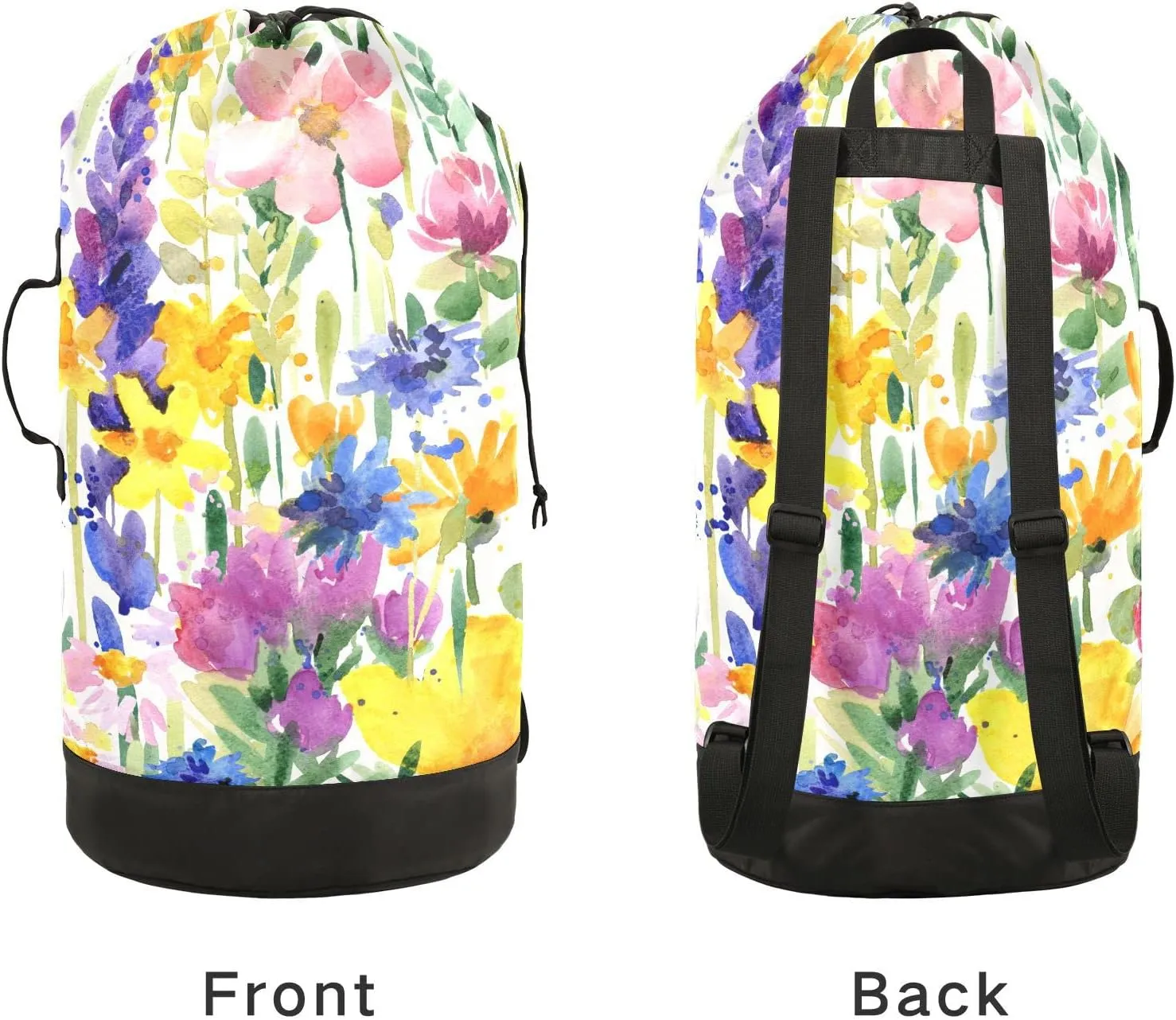 Oyihfvs Seamless Purple Yellow Pink Watercolor Flowers Summer Field Backpack Laundry Bag, Laundry Backpack with Shoulder Straps, Waterproof Nylon Clothes Hamper Bag for Men Women Yoga Backpack