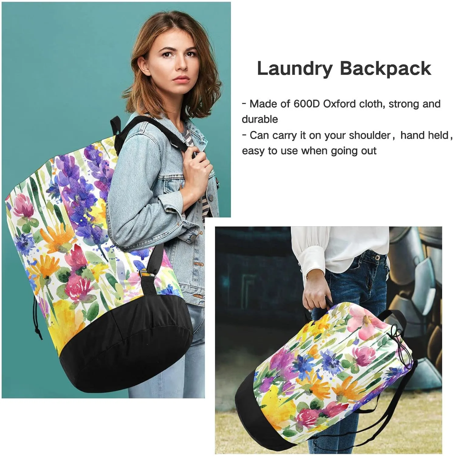 Oyihfvs Seamless Purple Yellow Pink Watercolor Flowers Summer Field Backpack Laundry Bag, Laundry Backpack with Shoulder Straps, Waterproof Nylon Clothes Hamper Bag for Men Women Yoga Backpack