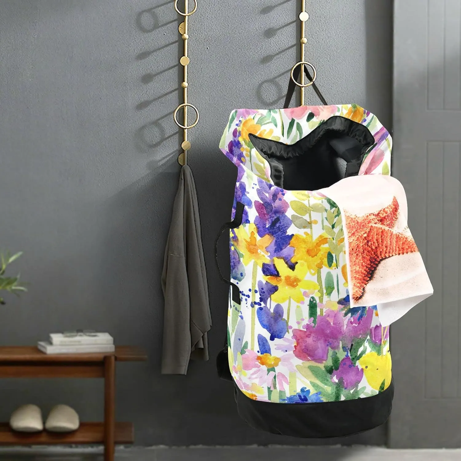 Oyihfvs Seamless Purple Yellow Pink Watercolor Flowers Summer Field Backpack Laundry Bag, Laundry Backpack with Shoulder Straps, Waterproof Nylon Clothes Hamper Bag for Men Women Yoga Backpack