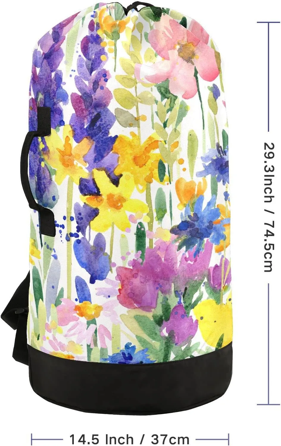 Oyihfvs Seamless Purple Yellow Pink Watercolor Flowers Summer Field Backpack Laundry Bag, Laundry Backpack with Shoulder Straps, Waterproof Nylon Clothes Hamper Bag for Men Women Yoga Backpack