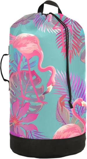 Oyihfvs Seamless Summer Tropical Pink Flamingo and Palm Leaves on Blue Backpack Laundry Bag, Laundry Backpack with Shoulder Straps, Waterproof Nylon Clothes Hamper Bag for Men Women Yoga Backpack