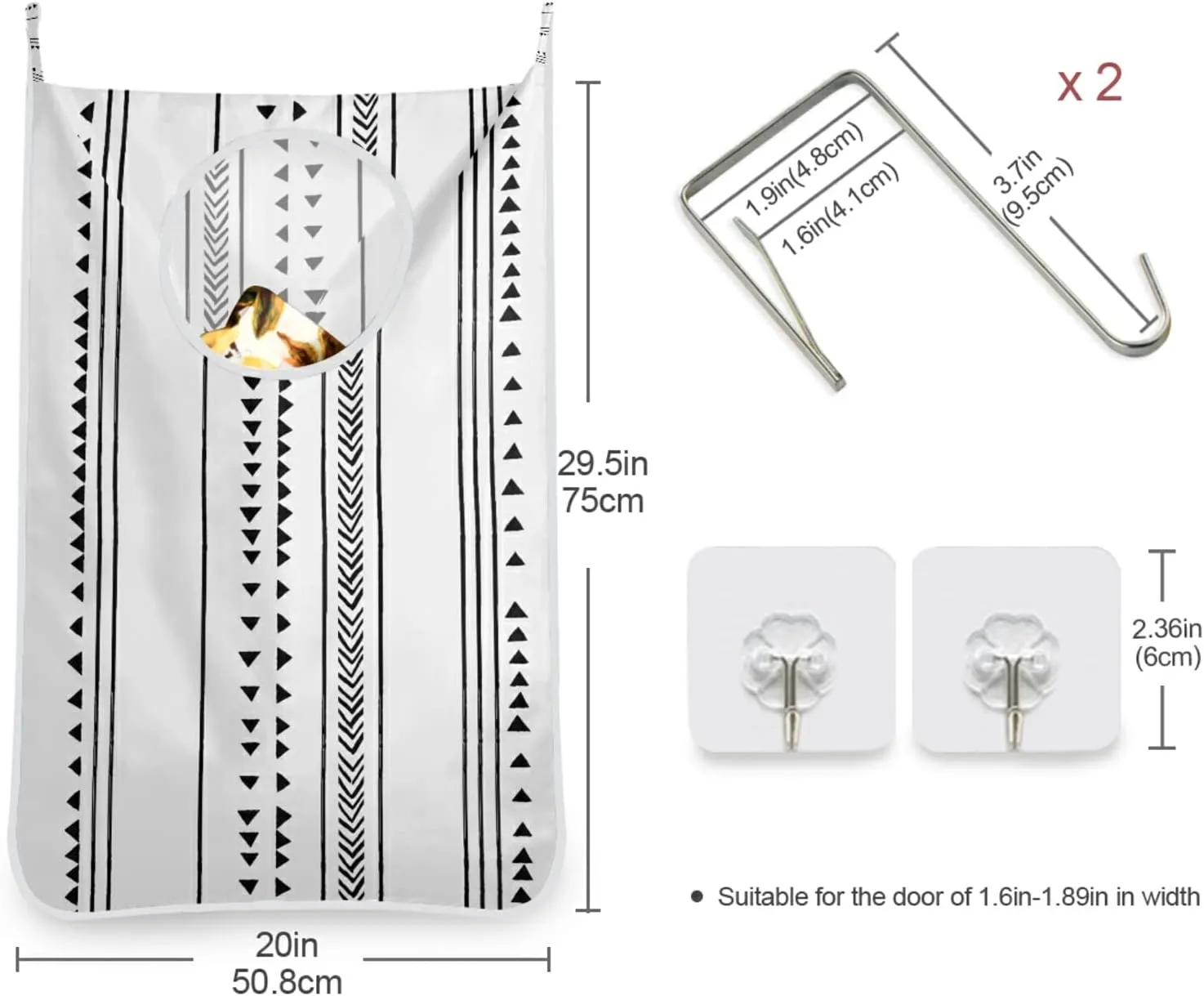 Oyihfvs Seamless Triangles Stripes Chevrons Black and White Pattern Hanging Laundry Hamper Bag, Dirty Clothes Basket Bag with Hooks Bag Space Saving, for Bathroom, Bedroom, Storage, Behind Doors