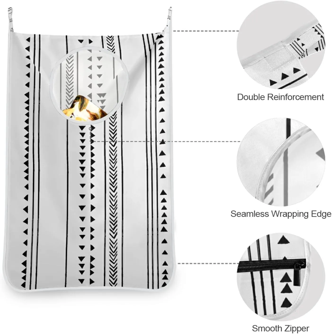 Oyihfvs Seamless Triangles Stripes Chevrons Black and White Pattern Hanging Laundry Hamper Bag, Dirty Clothes Basket Bag with Hooks Bag Space Saving, for Bathroom, Bedroom, Storage, Behind Doors