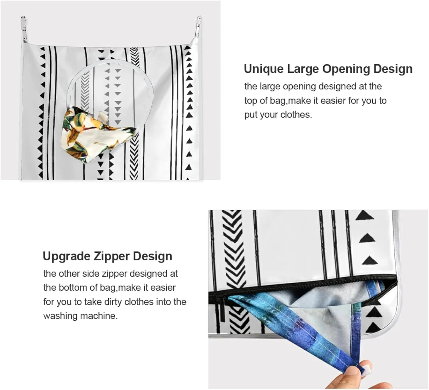 Oyihfvs Seamless Triangles Stripes Chevrons Black and White Pattern Hanging Laundry Hamper Bag, Dirty Clothes Basket Bag with Hooks Bag Space Saving, for Bathroom, Bedroom, Storage, Behind Doors