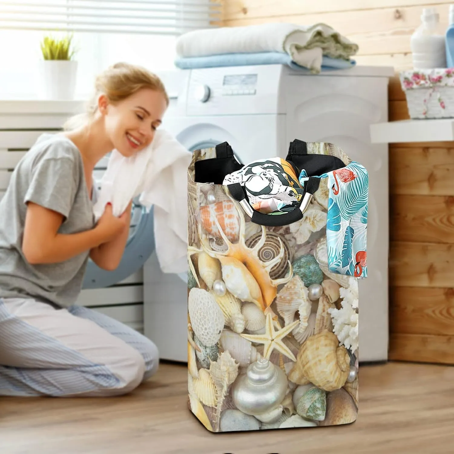 Oyihfvs Tropical Seashells, Pearls, Corals and Starfishes Sea Life Laundry Hamper Basket Bucket, Foldable Dirty Clothes Bag, Waterproof Fabric Washing Bin, Toy Storage with Handles for Bathroom