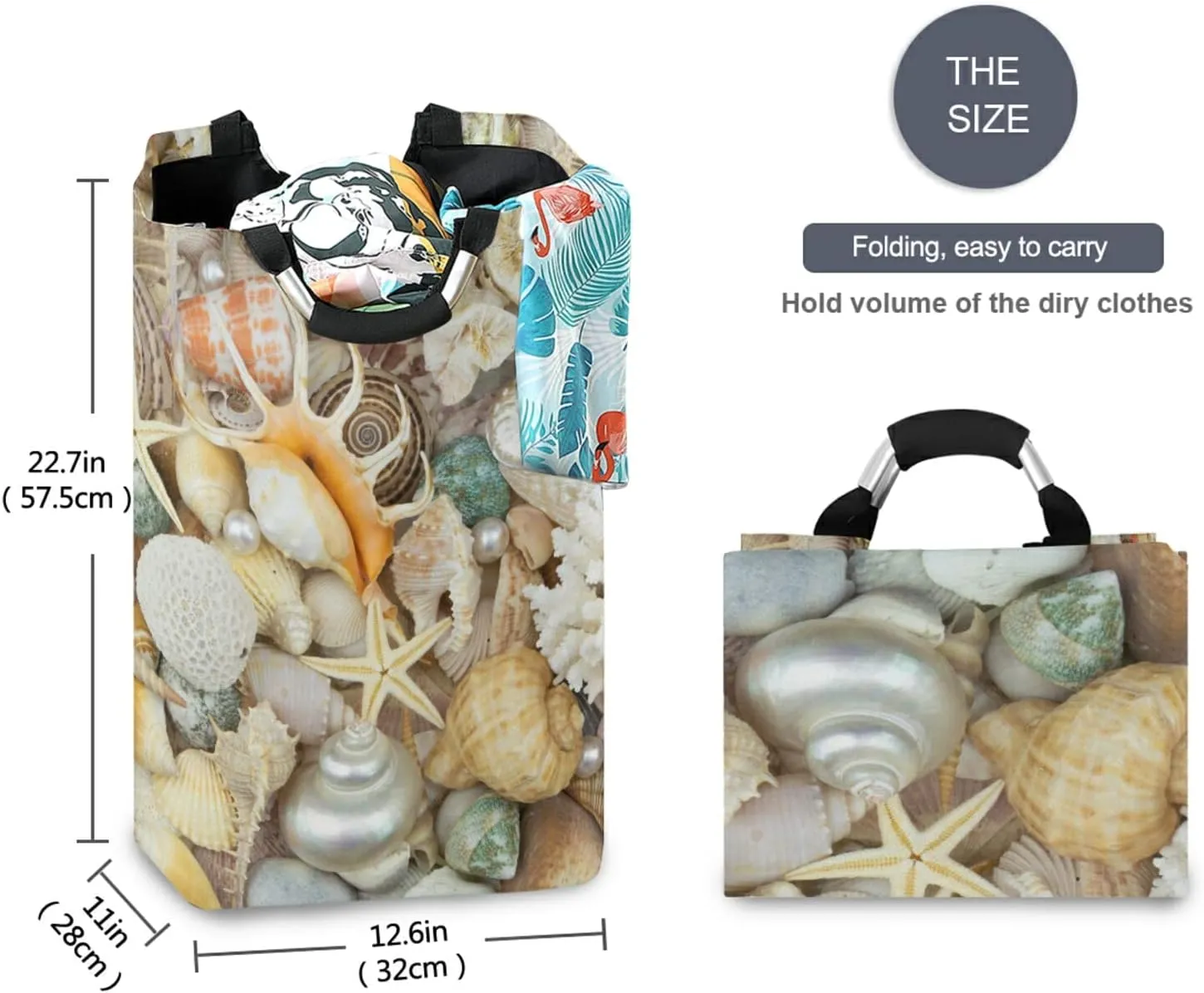 Oyihfvs Tropical Seashells, Pearls, Corals and Starfishes Sea Life Laundry Hamper Basket Bucket, Foldable Dirty Clothes Bag, Waterproof Fabric Washing Bin, Toy Storage with Handles for Bathroom