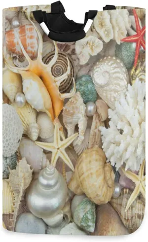 Oyihfvs Tropical Seashells, Pearls, Corals and Starfishes Sea Life Laundry Hamper Basket Bucket, Foldable Dirty Clothes Bag, Waterproof Fabric Washing Bin, Toy Storage with Handles for Bathroom
