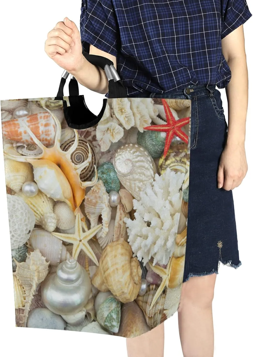 Oyihfvs Tropical Seashells, Pearls, Corals and Starfishes Sea Life Laundry Hamper Basket Bucket, Foldable Dirty Clothes Bag, Waterproof Fabric Washing Bin, Toy Storage with Handles for Bathroom