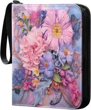 Painting Flowers Card Binder with 50 Removable Page Sleeves PU Leather Collectible Trading Card Albums Book with Zipper for Games Card,Baseball Cards